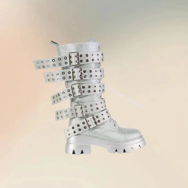 

Silver Belt Fastener Strappy Wave Pattern Bottom Boots Side Zipper Women Shoes Chunky Heels Party Feast 2024 Zapatos Para Mujere