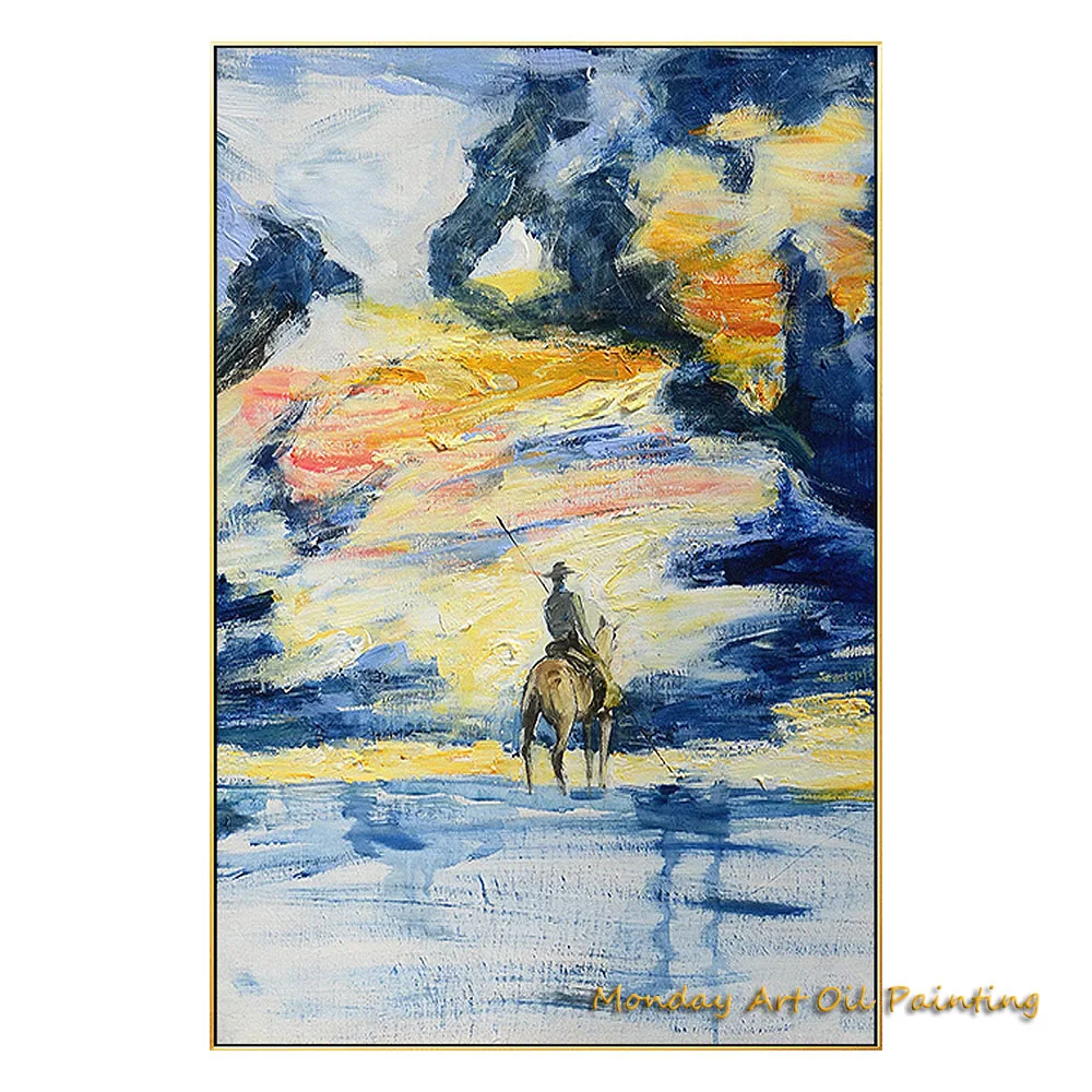 Hand Painted West Cowboy Oil Painting Navy Blue Orange Textured Landscape Living Room Modern Style Wall Art Fedex Shipping Cost