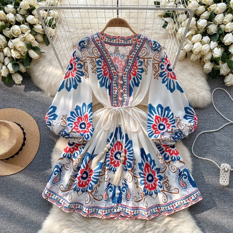 

Bohemian Vacation Style Women Printed Dress Lantern Sleeves Loose Straps Waist Cinching Age Reducing Fairy Dress