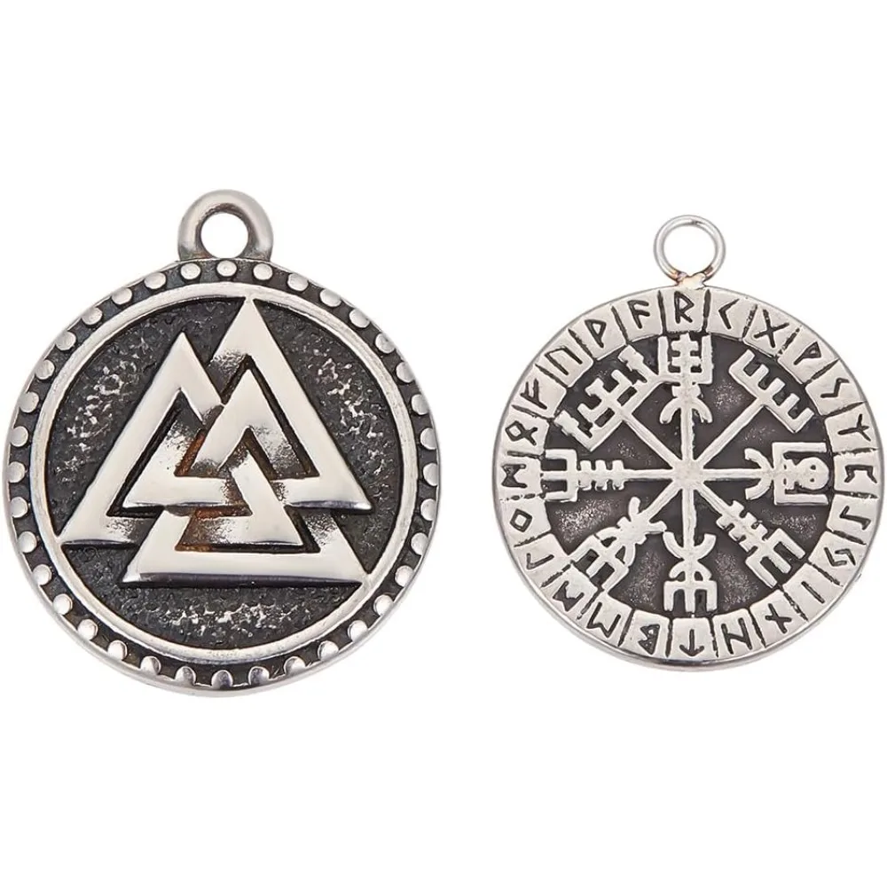 

4Pcs 2Style Stainless Steel Valknut Pendant Metal Flat Round Charms Style Amulet Jewelry for Men Necklace