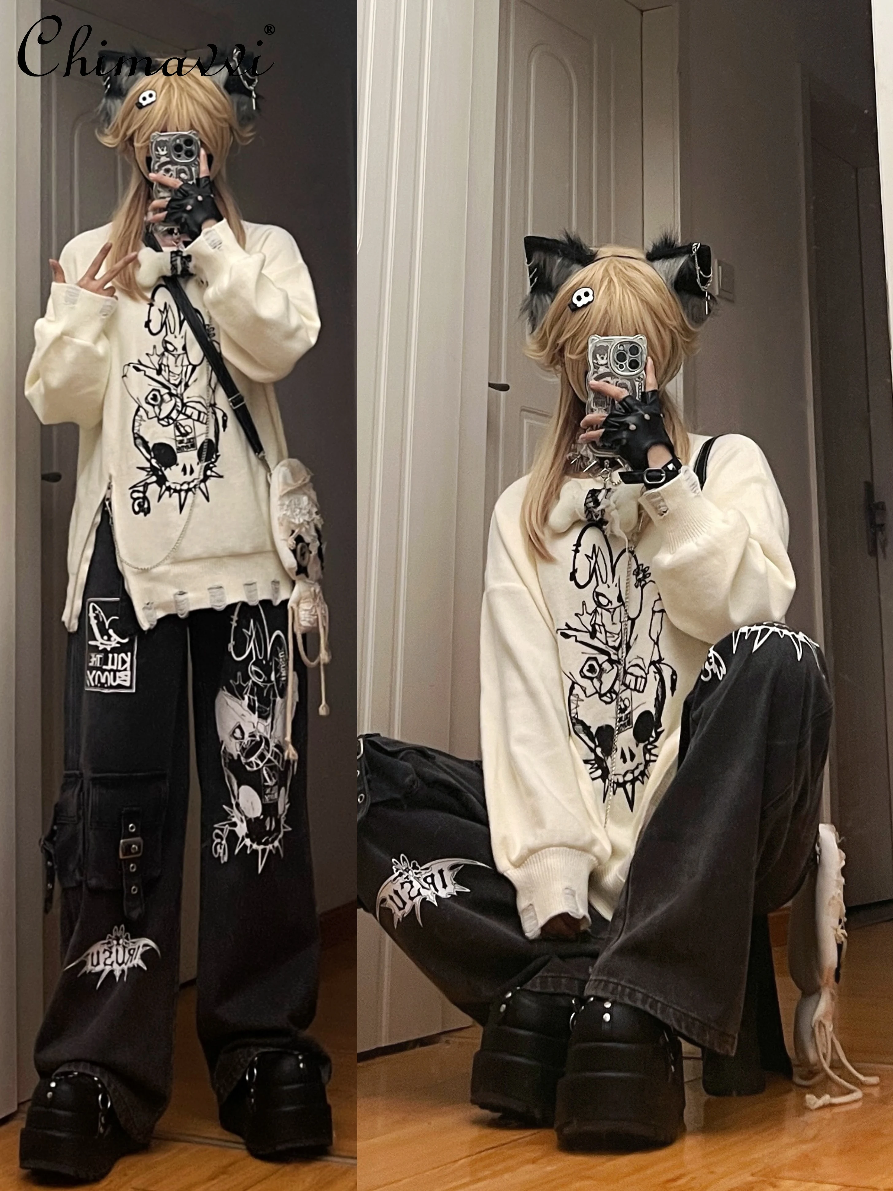 Subculture Rock Punk Style Printed Cargo Pants Women Spring Autumn Harajuku Gothic High Waist Cool Hot Girl Wide Leg Pants