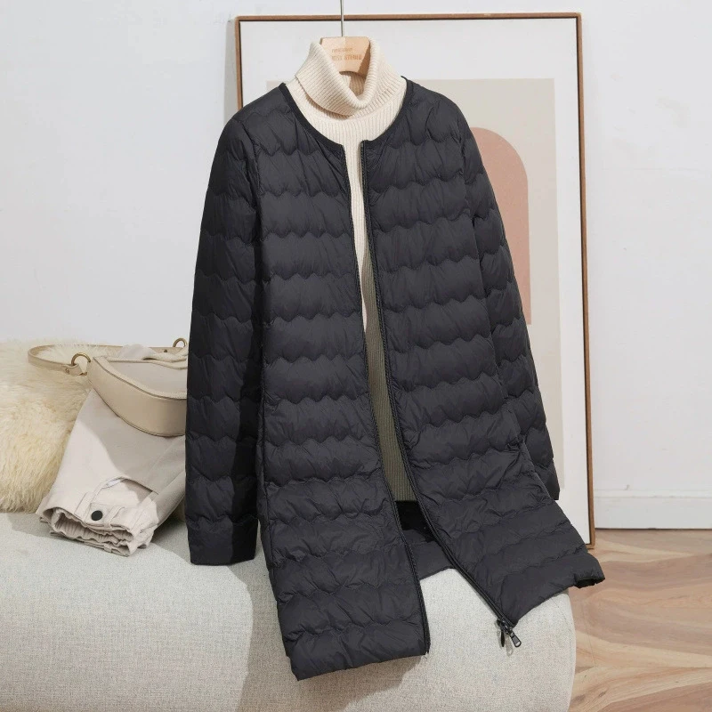 Schinteon Women's Lightweight White Duck down Long Jacket Casual Collarless Autumn Winter High Qaulity Outwear 2025 Slim Coat