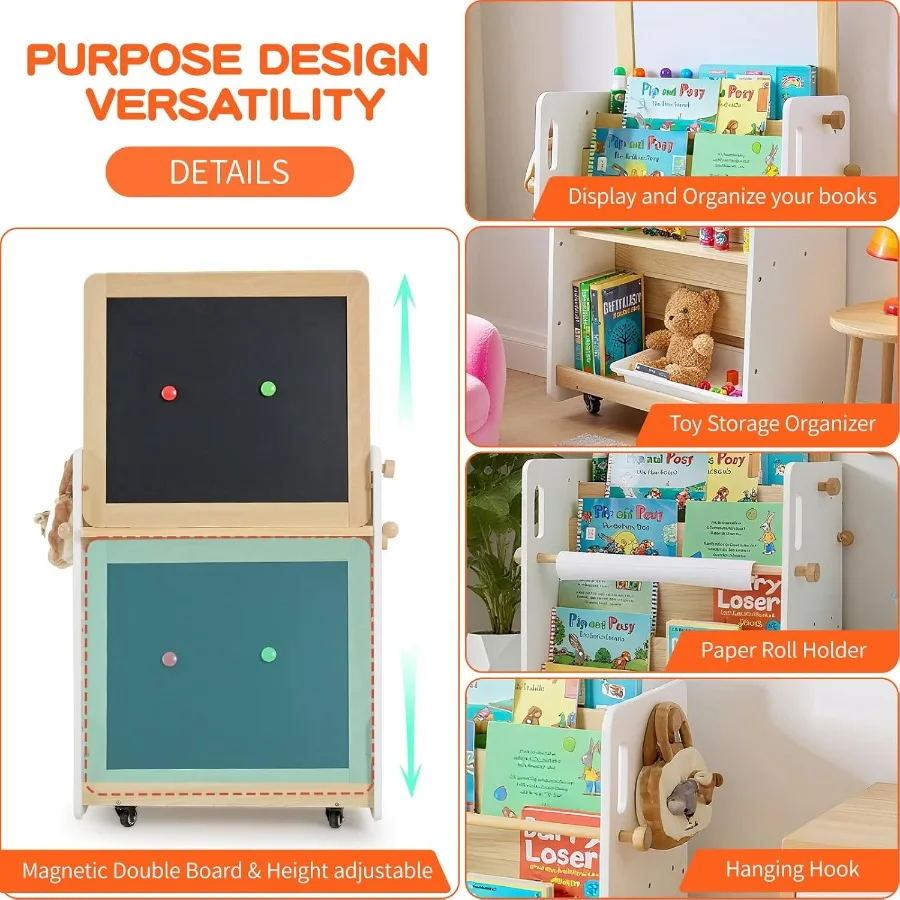 3in1 Wooden Art Easel with Wheels for Toddlers: Bookshelf Toy Storage Organizer and DualSurface Easel featuring Chalkboard Whit