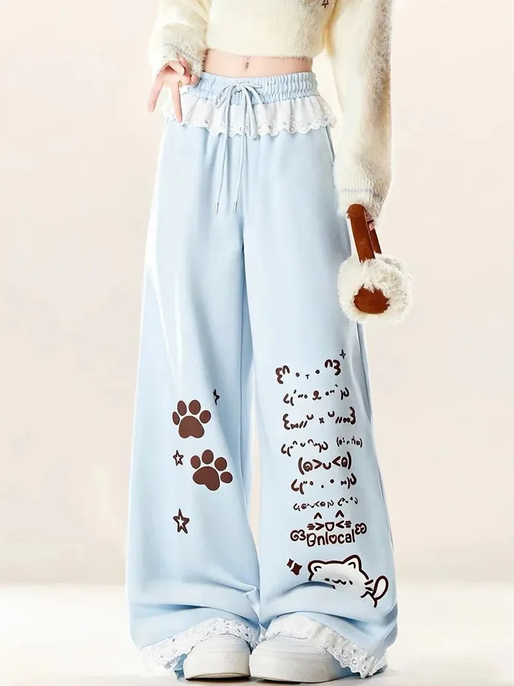 Japon doux Kawaii pantalon femmes dentelle Patchwork taille haute dessin animé jambe large pantalon Vintage mignon Preppy Style automne hiver pantalon nouveau