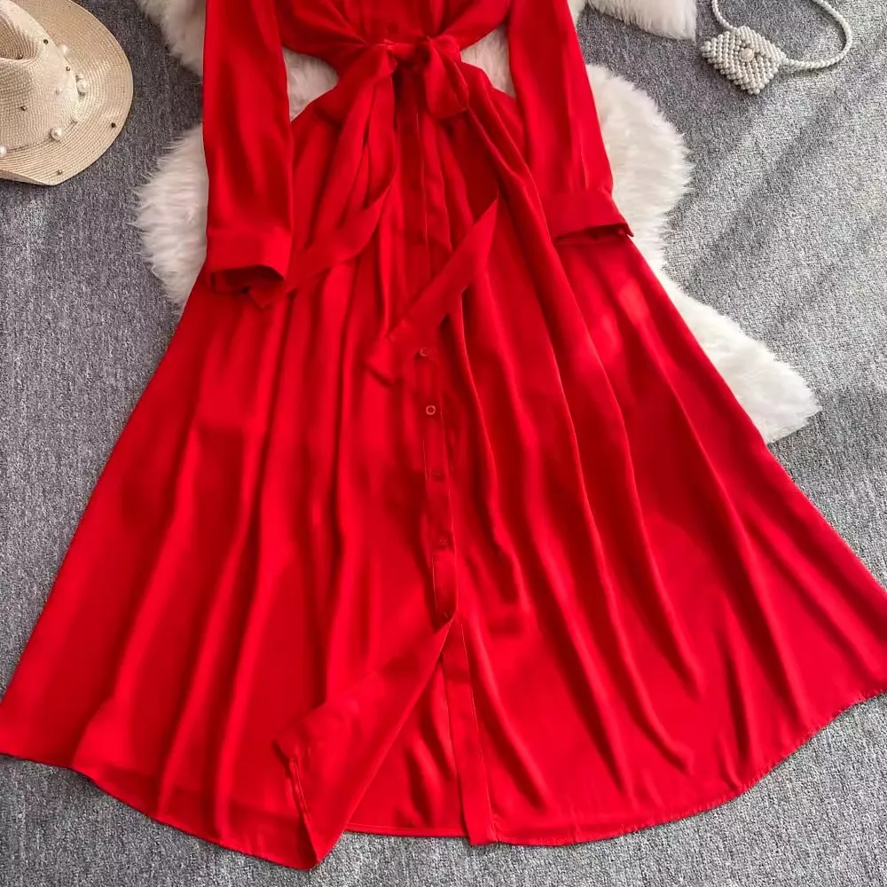 Design Fashion Women Lapel Shirt Dress 2024 New Elegant Autumn Single Breasted Lace Up Belt Chiffon Red Party Pleated Long Dress