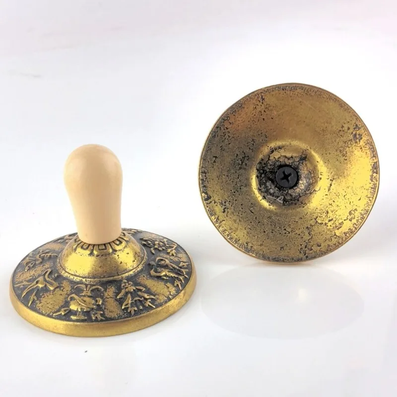 Brass Tinkle Bell Carving Nepal Handmade Retro Hand Bell with Wooden Handle Sound Therapy Tinkle Bells Musical Percussion