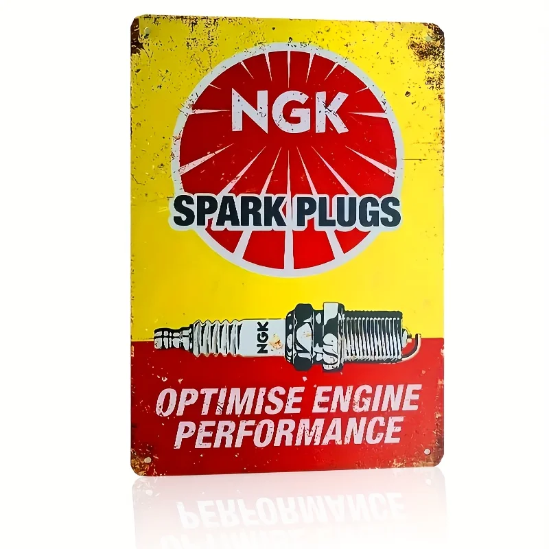 Vintage Spark Plugs Metal Sign - , Rustic Yellow,Red Wall Art with Pre-Punched Holes, Durable,Lightweight, for Garage,