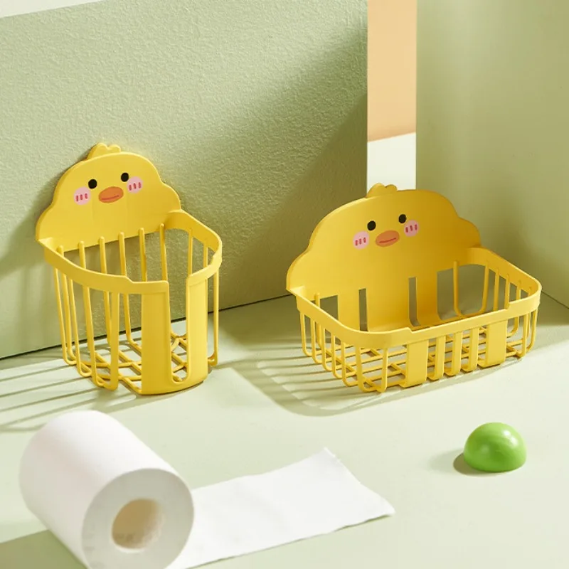 Cute Little Yellow Duck Bathroom Storage Rack Wall Mounted Toilet Paper Dispenser Toothbrush Holder Bathroom Cosmetic Organizer