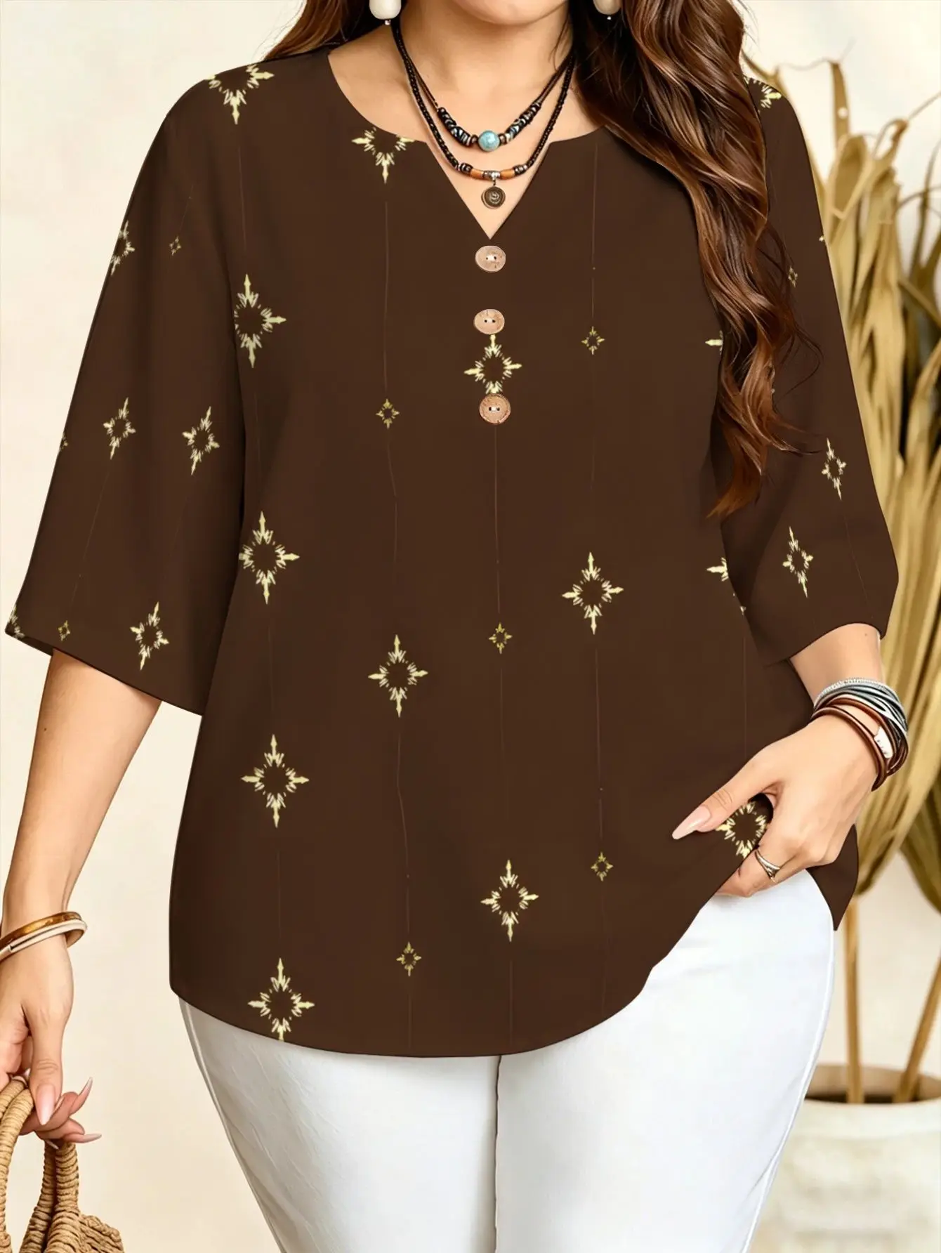 Star Lotus Wild Flower Abstract Floral Print Women Blouse Notch Split V Neck 3/4 Sleeve Office Vacation Casual Tops