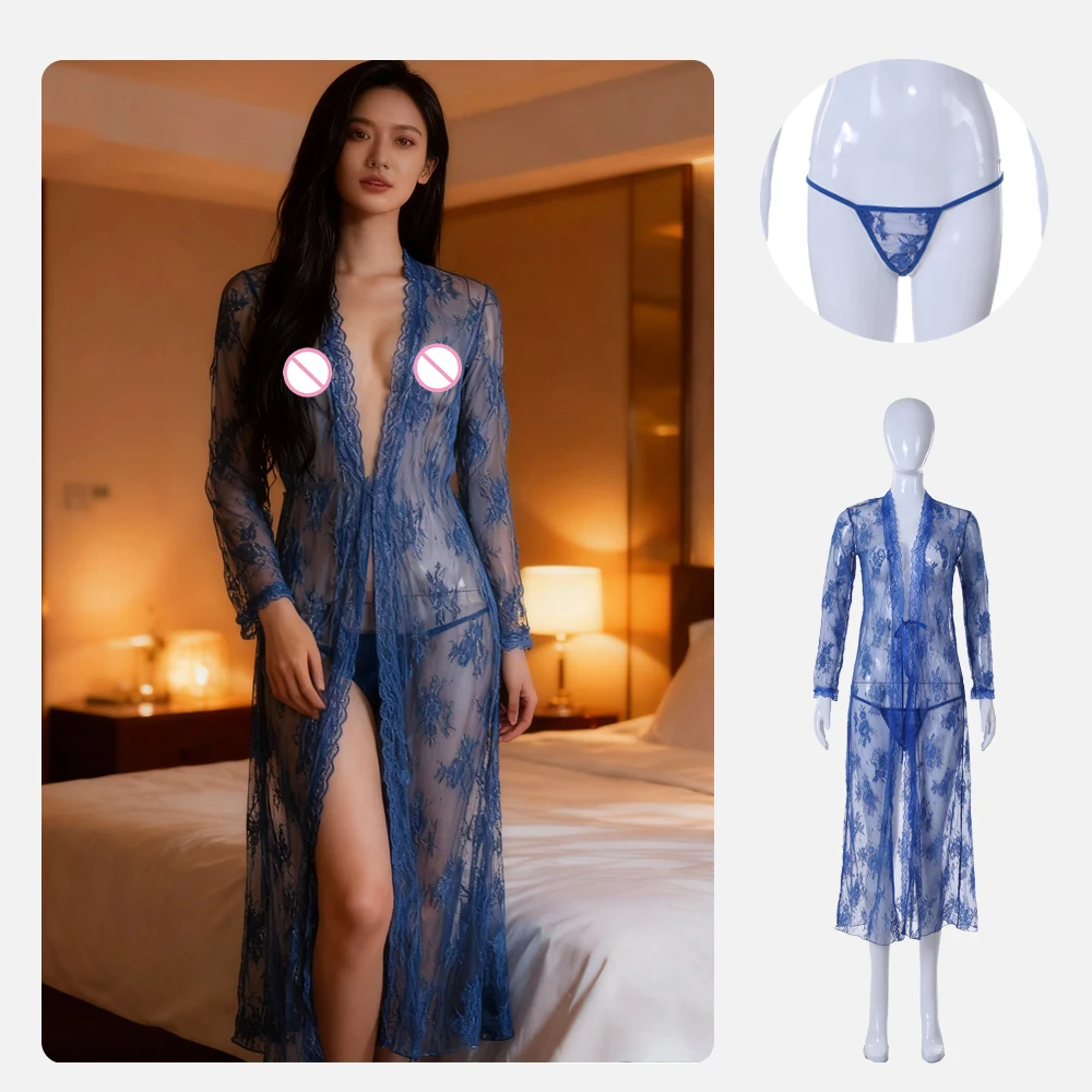 

Sexy See-through Romantic Underwear, Lace Romantic Blue Nightgown, Long and Cutout Style, Alluring Nightclub Uniform Set