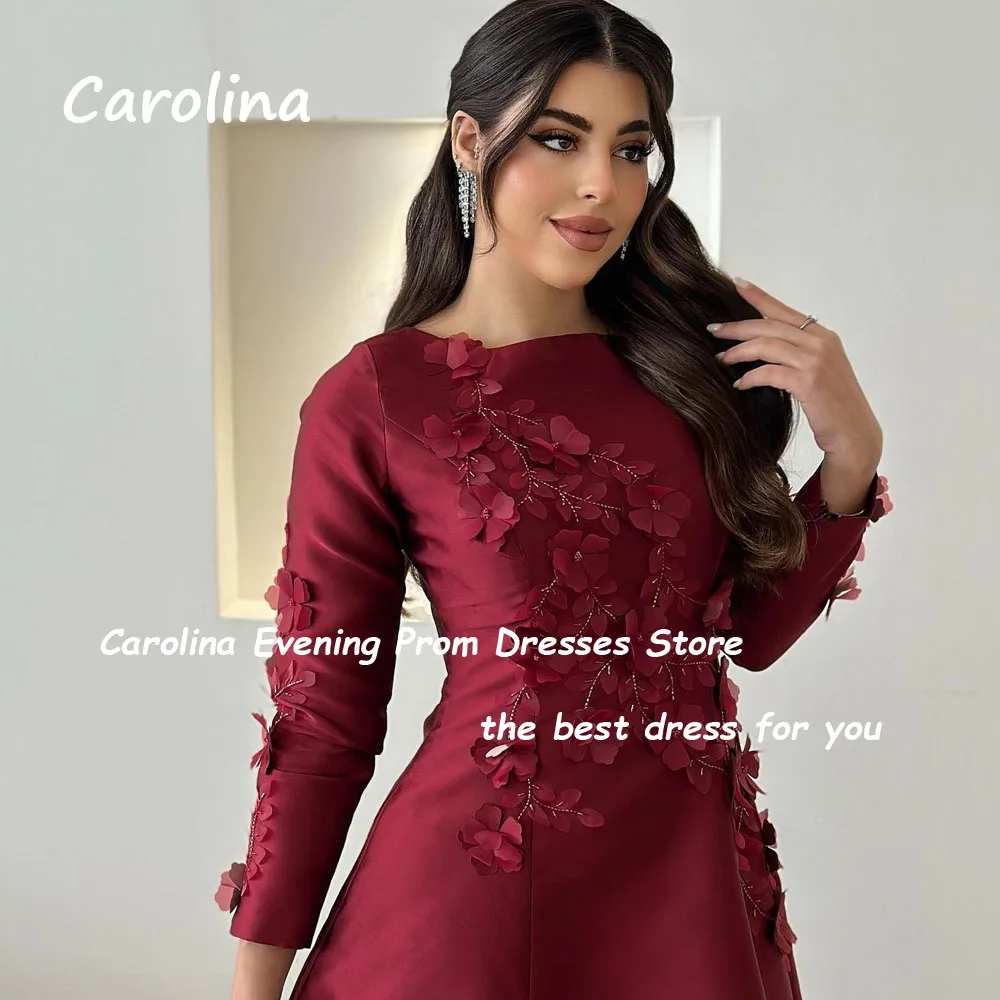 Carolina Wine Red Simple O-Neck Appliques A-LINE Formal Evening Dress Saudi Arabia 2024 Slim Long Satin Floor-Length Prom Dress