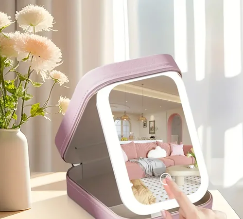 Neceser con espejo cosmético LED específico para viajes |   Maquillaje de diseño portátil transparente y perfecto para el maquillaje diario.