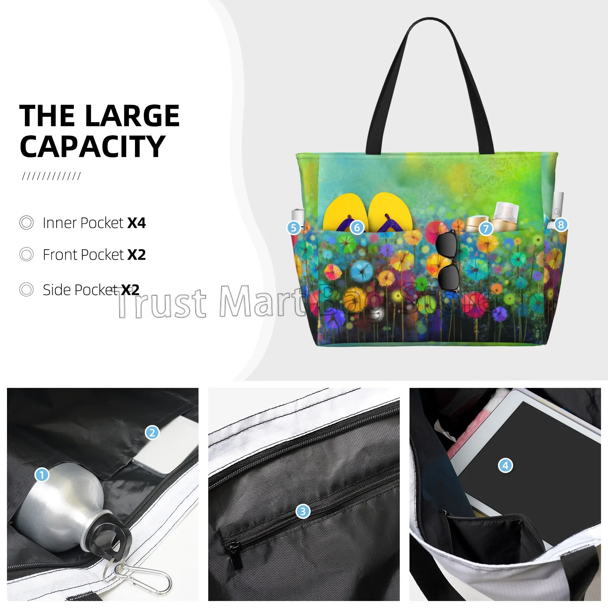 Abstract Flower Floral Watercolor Painting Large Waterproof Beach Bag for Women Sandproof Pool Tote Bag for Travel Vacation Swim