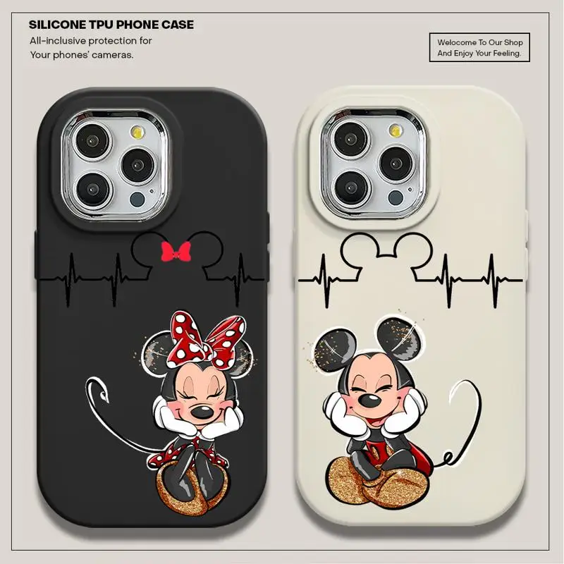 Liquid Phone Case for Vivo V30 V29 V27 V25 V23 Y100 Y75 Y50 Y30 Y72 Y22 Metal Camera Frame Cover Mickey Minnie Mouse Heartbeat