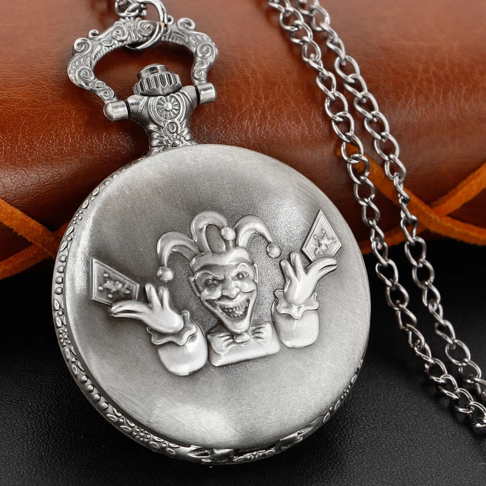 

Grey Antique Clown Poker Embossed Quartz Pocket Watch Retro Men's Fob Chain Clock Steel Necklace Pendant Children's Gift