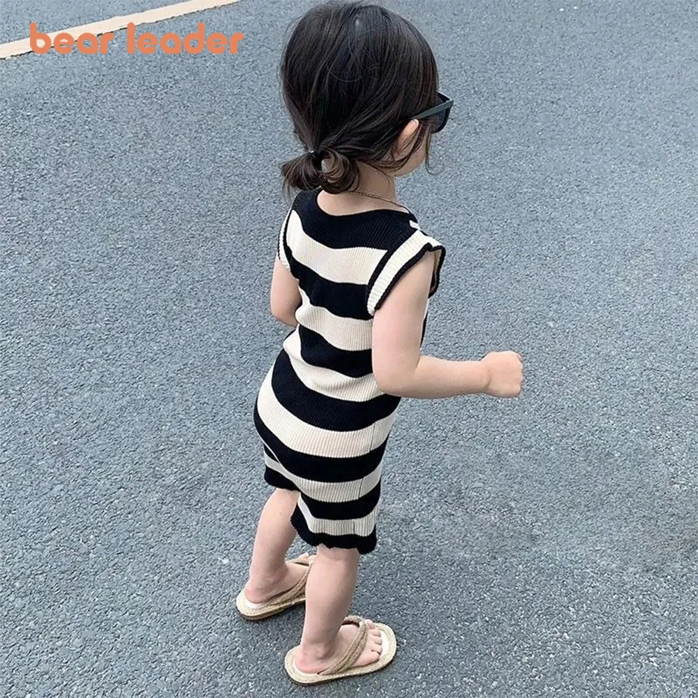 Bear Leader Baby Girl Dress Girls Sleeveless Striped A-Line Dress Summer New Girl Crew Neck Cute Princess Dresses Kids Clothes