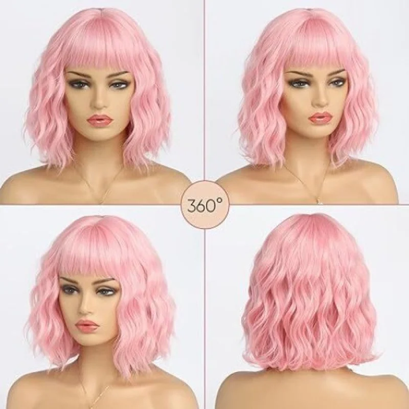 

Women Wig Pink Ladies Curly Hair Wigs Bangs Party Halloween Wig