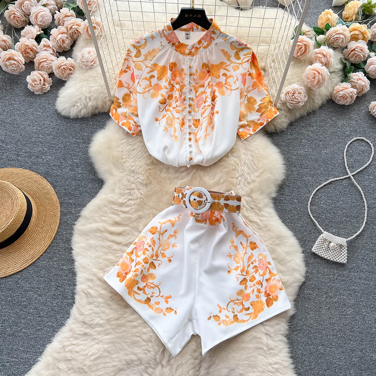 

Elegant Vintage Floral Print Summer Sets Outfits 2023 Short Sleeve Shirt And High Waist Shorts With Belt Two Piece Set For Women