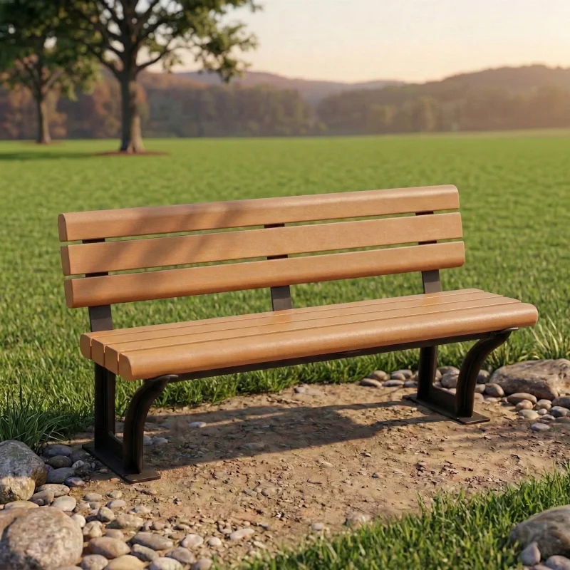 *qFactory Direct Cheap Weatherproof PE Outdoor Bench with Backrest Wrought Iron Frame 3-Seat Garden Patio Porch Park Deck Wood