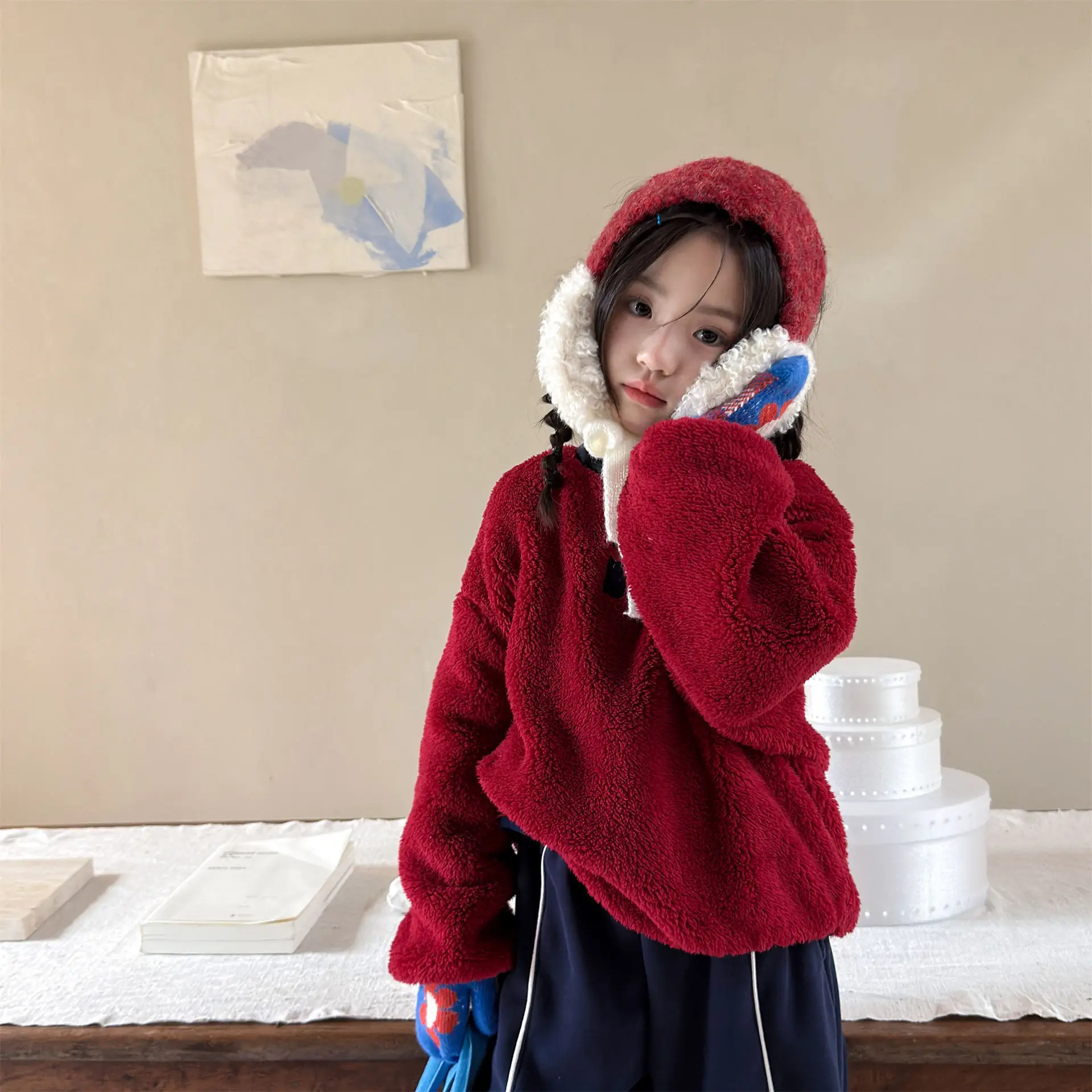 2026 Winter New Children Warm Plush Sweatshirt Solid Girls Cute Long Sleeve T Shirts Plus Velvet Thick Kids Boys Casual Tops