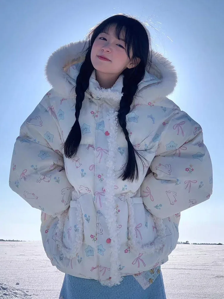 اليابان الكرتون Kawaii مقنعين سترات المرأة فضفاضة الحلو نمط Preppy شيك منتفخ معطف شتاء دافئ الإناث طويلة الأكمام سترة لطيف جديد #3