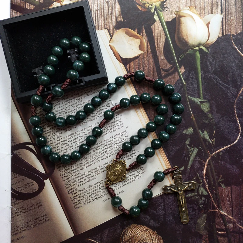 Dark Green Rosary Necklace Prayer Beads Chain Chaplet Our Lady Virgin Mary Medal Crucifix Cross Pendant Religious Jewelry Gifts