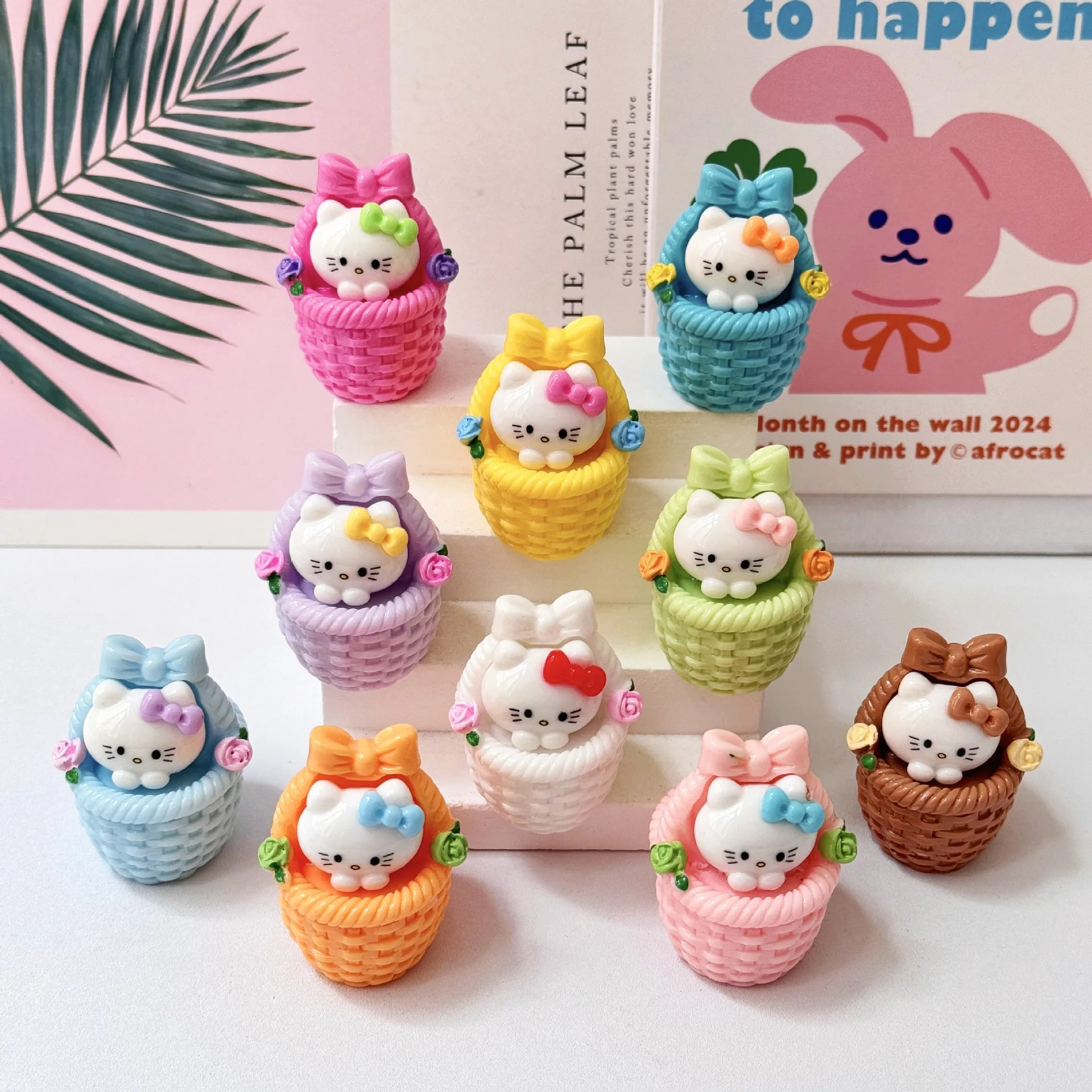 

5/10PSC Kitty Knitted Flower Basket Blind Bag Cute Bead DIY Jewelry Pendant Keychain Craft Gift Resin Accessories Mini Ornaments