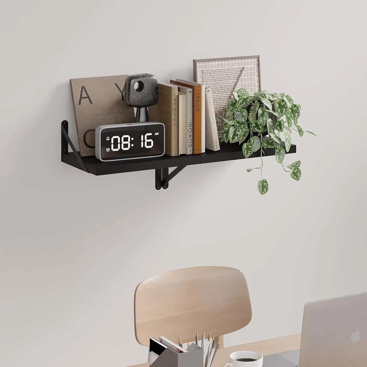 Плавающие полки Настенная книжная полка для спальни, ванной комнаты, деревянная настенная широкая глубокая полка для хранения, набор из 2 настенных полков с черной росписью