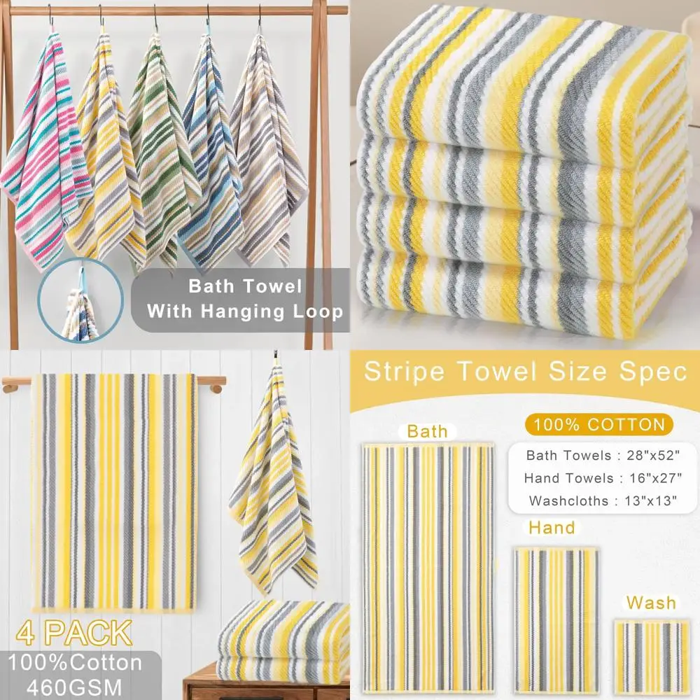 

Luxury 4-Piece Cotton Bath Towel Set - 28x52 Soft, Absorbent, Lightweight with Hanging Loops, Yellow & Gray Stripes for Shower &