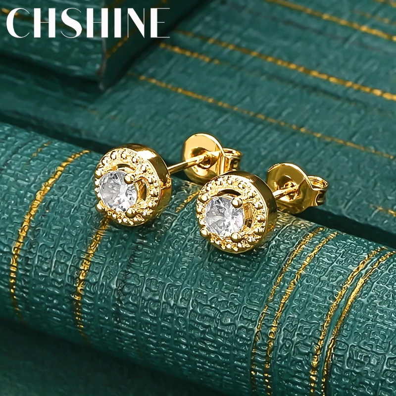 925 Sterling Silver 18K Gold Round Halo Zircon Stud Earrings for Women Fashion Wedding Party Jewelry