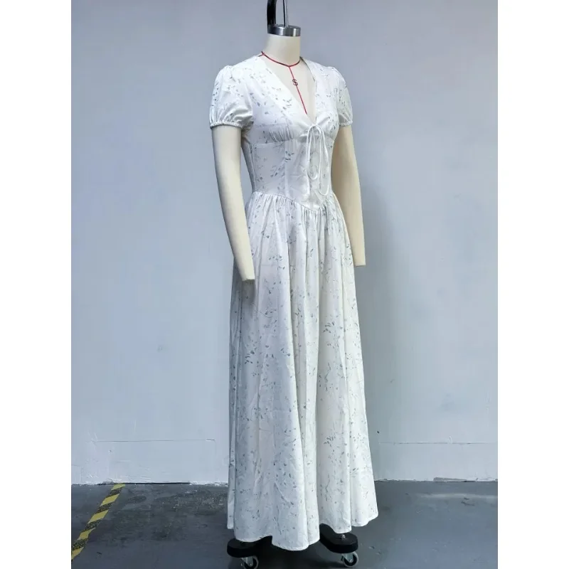 Lange Jurken Vrouwen Sexy V-hals Bloemenprint Korte Mouw Zoete Jurk Elegante Nieuwe Street Wear Groothandel Dropshipping 2025