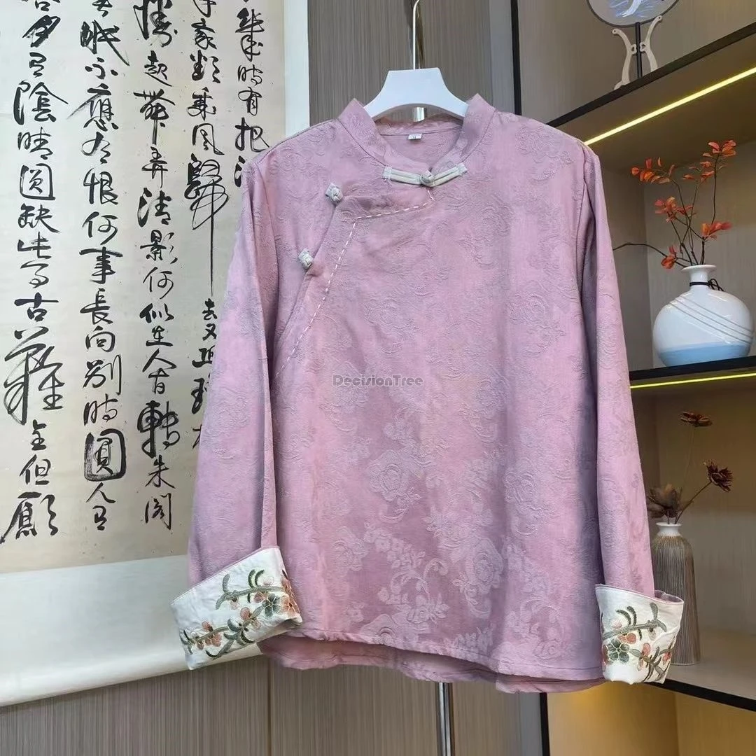 

2025 new chinese-style spring women's retro stand collar long sleeve cheongsam button jacquard design embroidered tang suit top