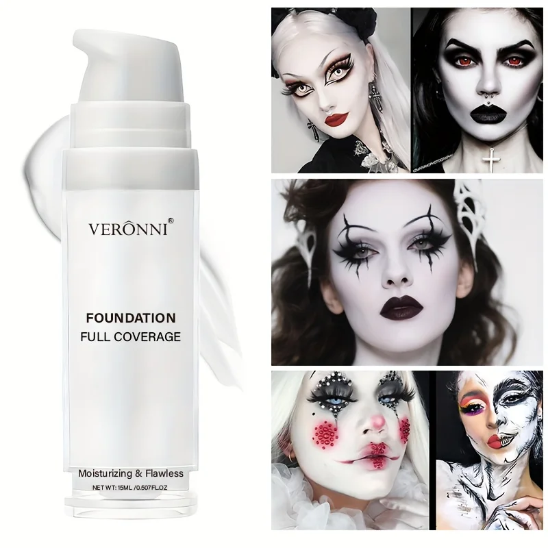 VERONNI Base líquida blanca mate de cobertura total, maquillaje resistente de cobertura extrema, fórmula cremosa impermeable y duradera
