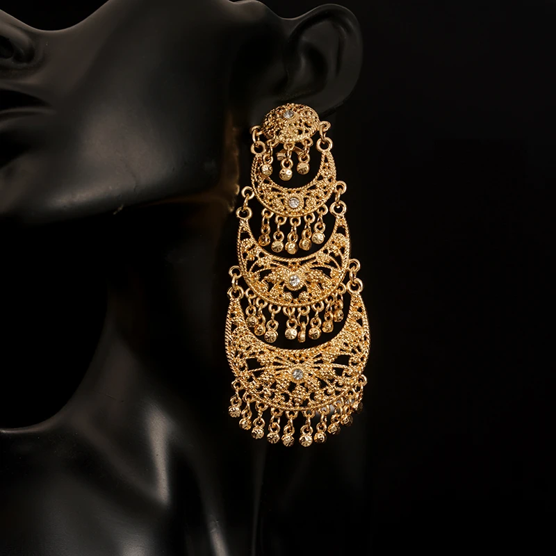 Algerian Bridal Heavy Earring with Tassels Gold Plated Drop Earring for Women Moon Shape Dangle Earrings Bijoux Marriage