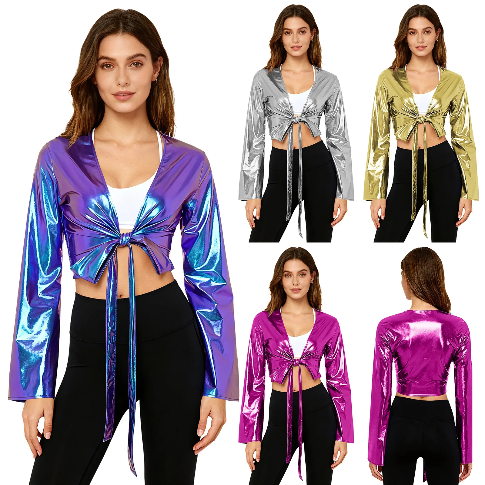 レディースヨガワークアウトダンストップス、レースアップラップメタリックトップス、ロングフレアスリーブクロップトップ、カーニバルパーティー、クラブウェア用カバーアップ