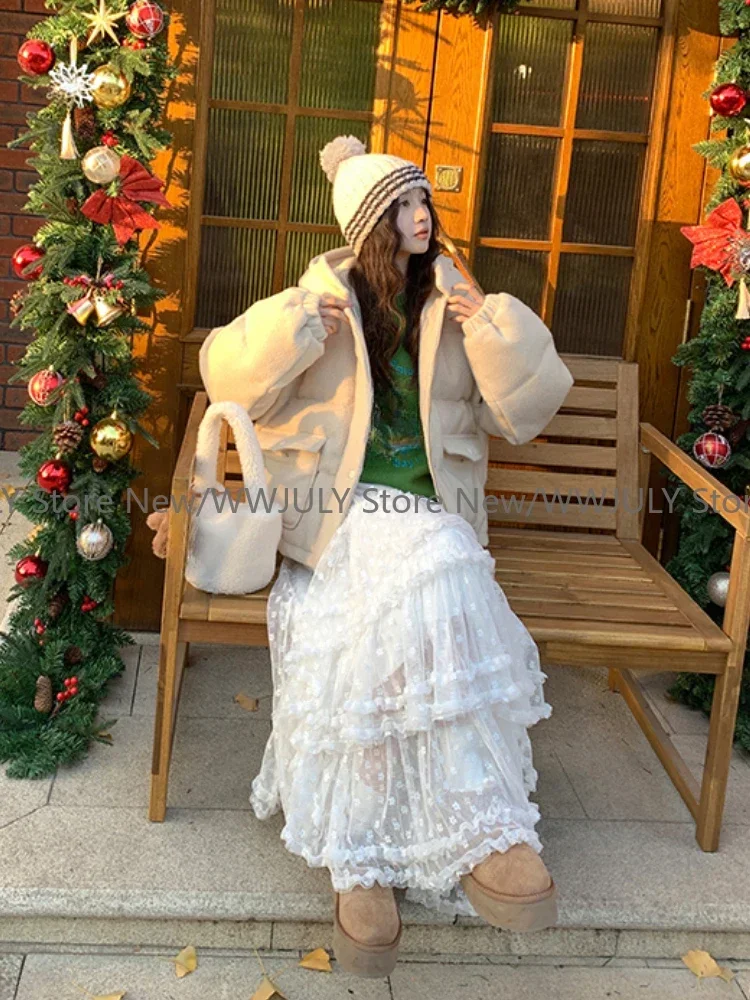 Korean Fashion White Ruffle Lace Skirt Women Fairycore Vintage High Waist Irregular Patchwork Midi Skirt Cute Streetwear Chic