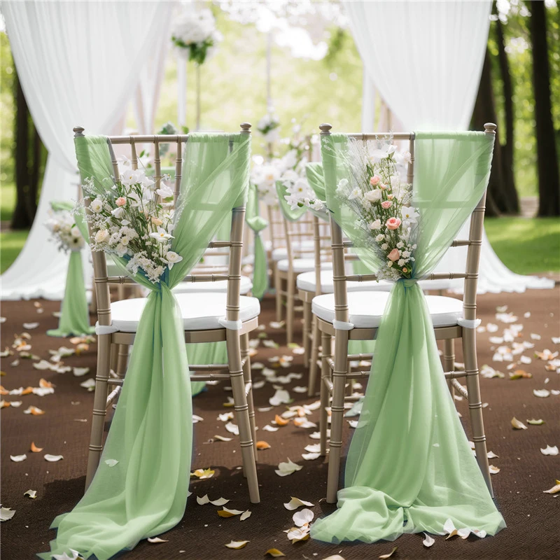 

10/50Pcs 17x250cm sage green Chiffon Chair Sashes 12 Set Sash Wedding Chair Covers Ribbon Wedding Party Aisle Chair Decor