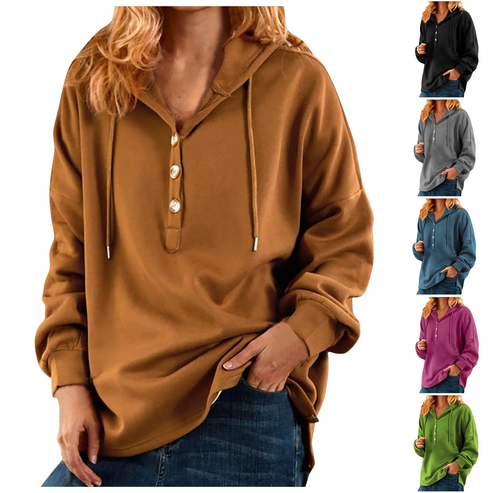 Casual Hoodie Women Fashion Long Sleeve Sweatshirt Autumn Button Pullover Drawstring Top Loose Solid Color Blouse Solid-Color T1