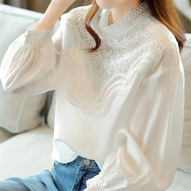 Elegant Chic Simple Sexy Hollow Stand Collar Tops Women 2022 Spring Fall Casual White Long Sleeve Loose All-match Blouse Camisas