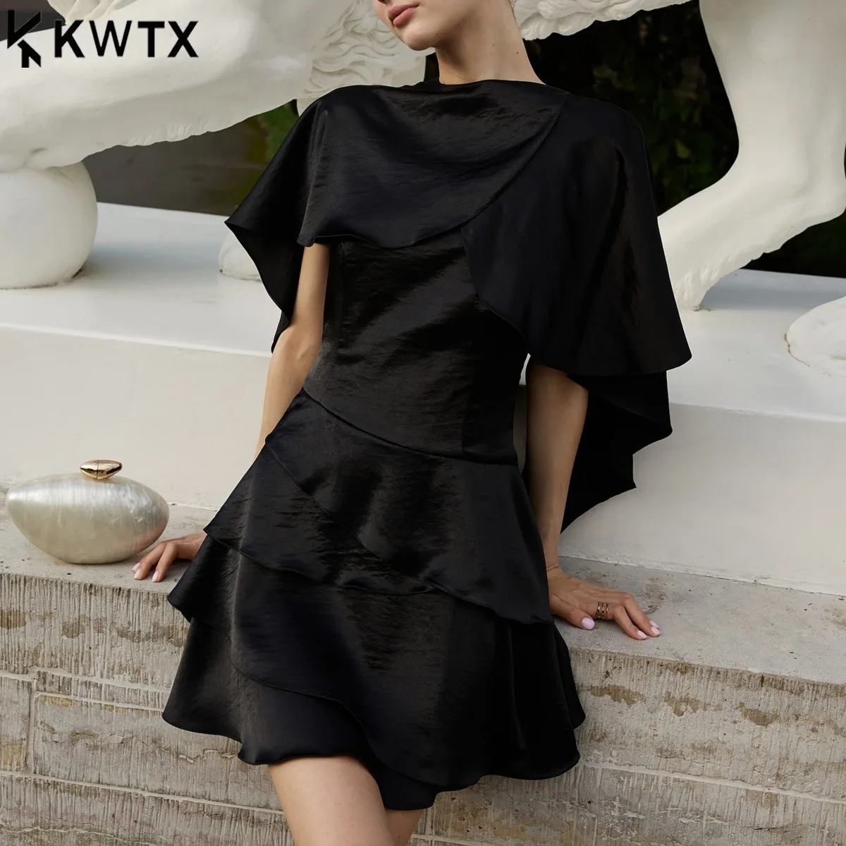 KWTX Partykleid, Mini, elegant, Ausschnitt, Krawatte, abgestufte Rüschen, Schleife, Damen, Büro, Arbeit, figurbetont, schlicht, schick, Frühling, Sommer