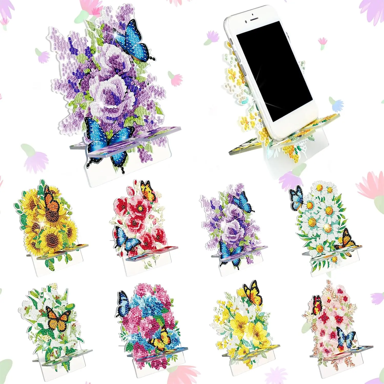 

Kenning 8 Pcs Spring Flower Diamond Painting Cell Phone Stand DIY 5D Full Crystal Floral Butterfly Diamond Art Phone Holders Kit