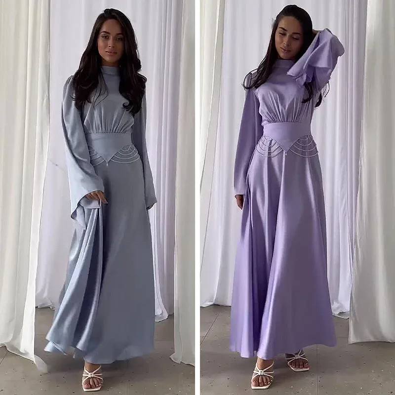 

High Neck Prom Gowns Long Sleeve A-LINE Evening Dress Pleat Taffeta Party Dress 2024 Ankle-Length Dress for Women