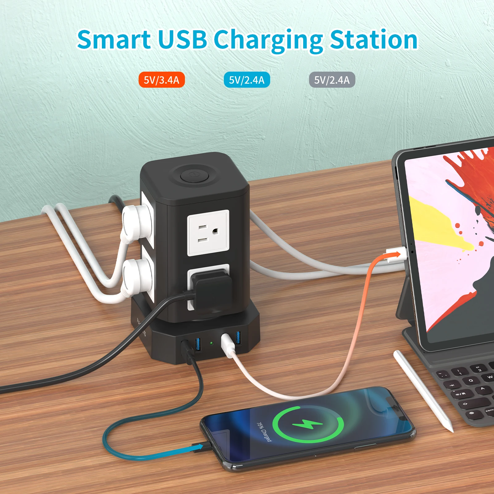 Surge protector with USB port and 6FT extension cable, desktop charging station with multiple outlets for home office dorms