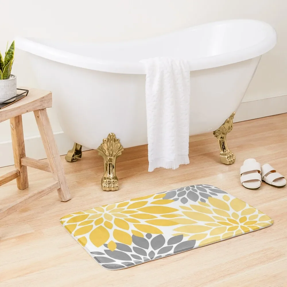 

Yellow and Gray Dahlia Floral Pattern Bath Mat Entrance Doormat Absorbent Carpet For Bathroom Mat