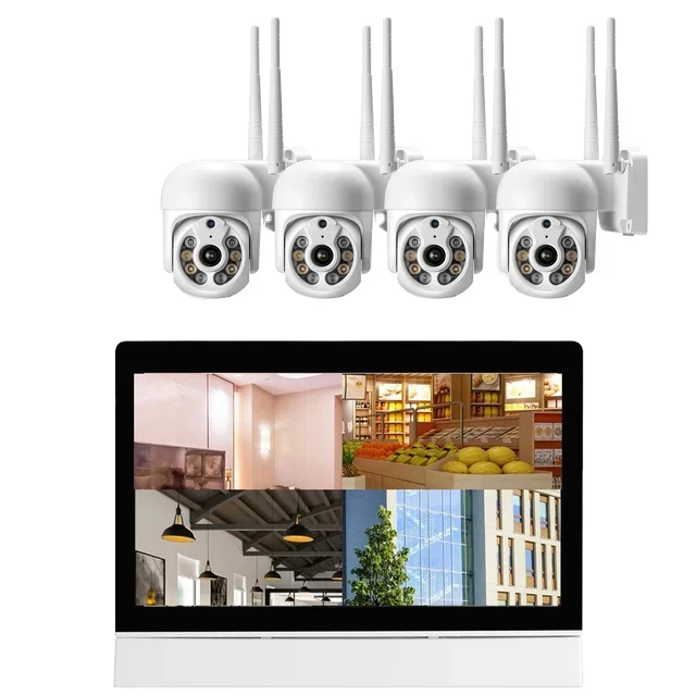 All in one with 12." LCD Wireless Security Camera System Home 8CH 3MP NVR Kit 4pcs 1536P Outdoor IP Cameras H.265