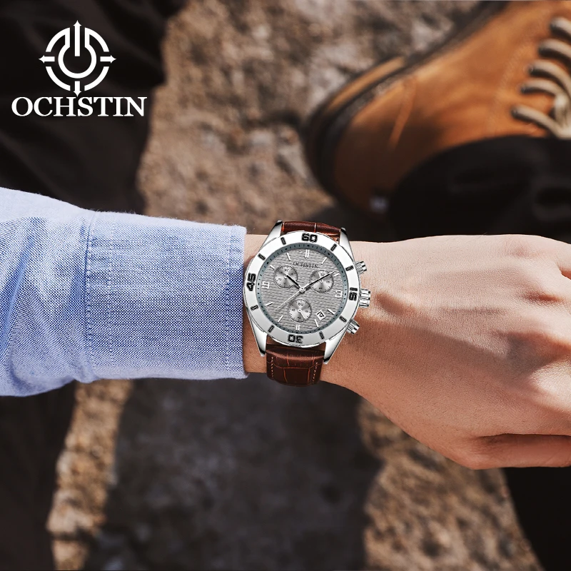 OCHSTIN Men's Classic Leather Band Navigator Multifunctional Quartz Watch Male Flexible Soft Leather Strap Calendar Clock