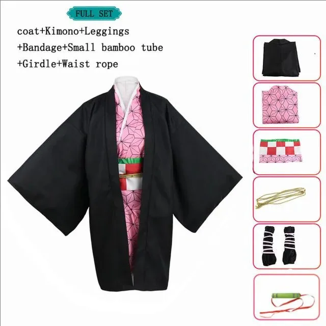 Anime Nezuko Cosplay Kamado Nezuko Cosplay Costume Nezuko Wig Uniform with Props for Adult Kids Halloween Carnival Costumes - view 4