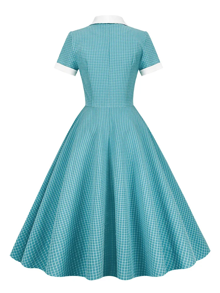 Tonval Shawl Collar Button Up Vintage Robe Plaid Long Dress Evening Elegant for Women Short Sleeve Pockets A-Line Dresses