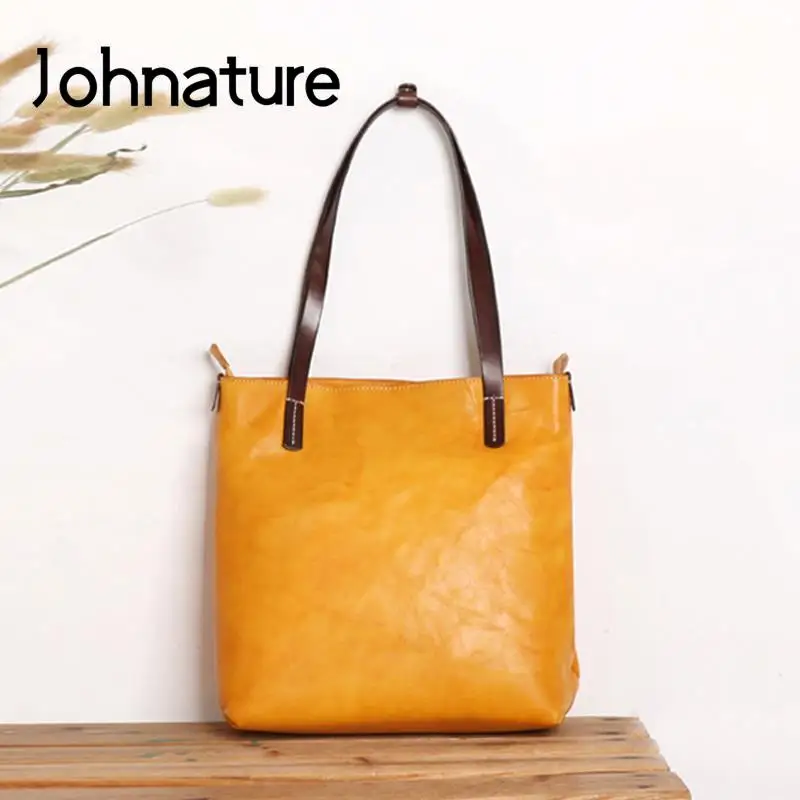 

Johnature 2024 New Genuine Leather Women Tote Bag Casual Large Capacity Commuter Natural Soft Real Cowhide Shoulder Bags