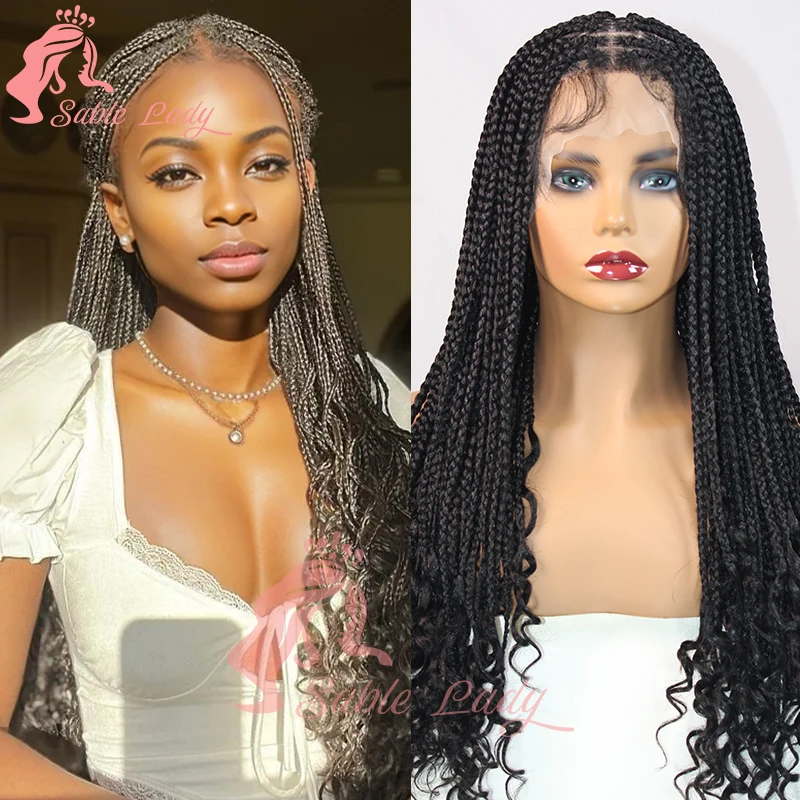 24 Inch Synthetic Braid Wig with Curly Ends 360 Full Lace French Curl Box Braids Crochet Plait Wig Knotless Cornrow Braided Wigs